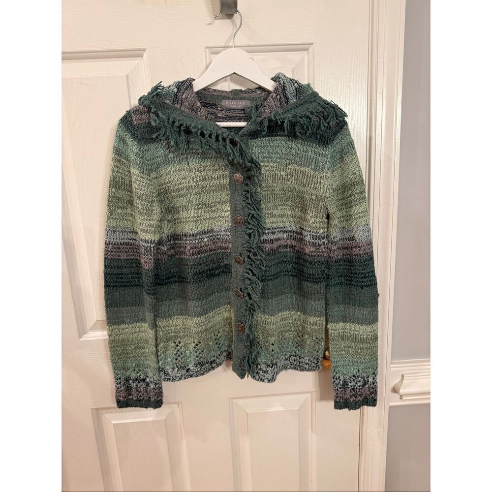 Kate Hill Green Fringe Cardigan Hoodie Sweater sz M EUC